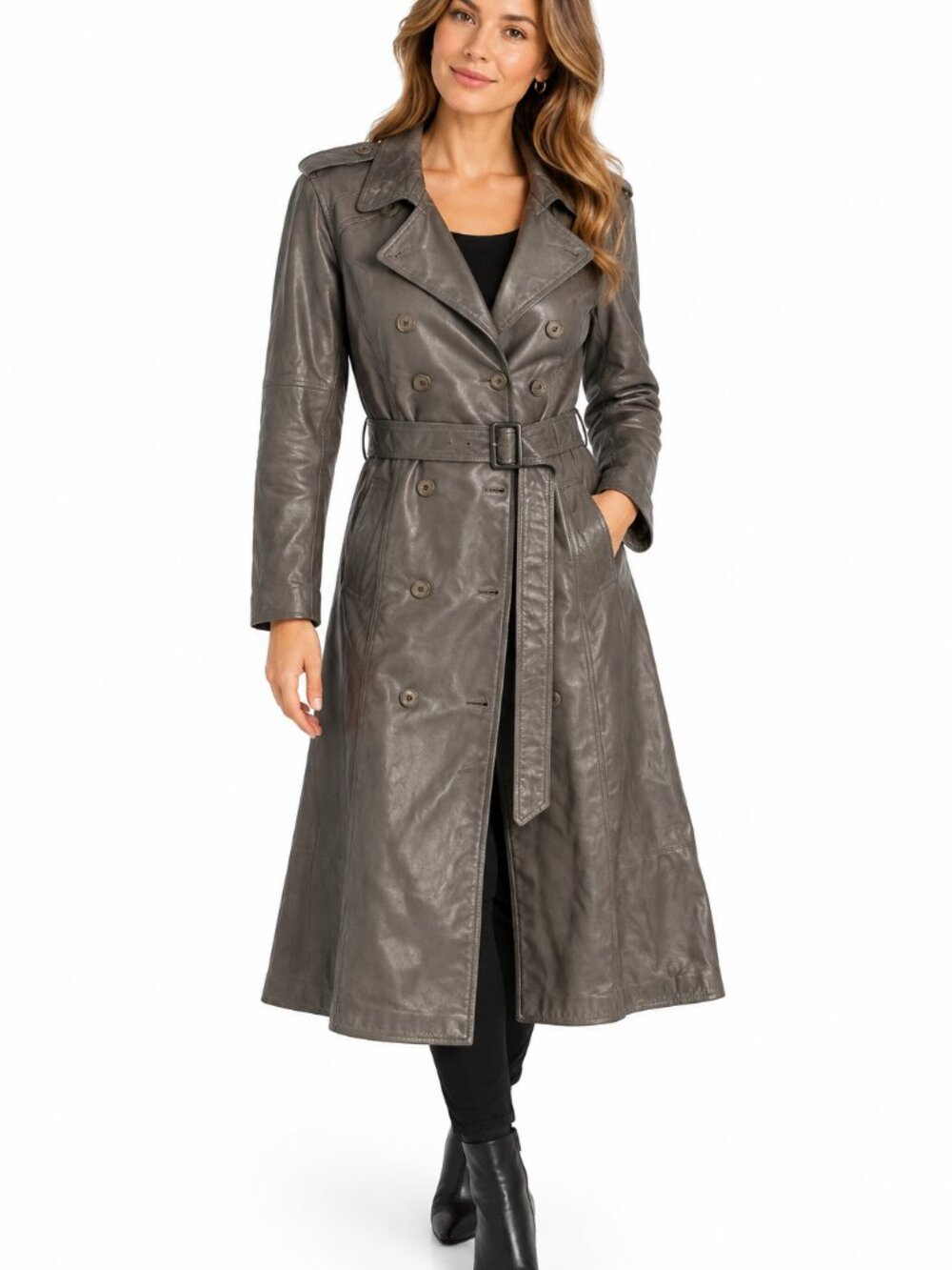 Vintage Harry Rosen Grey Leather Double-Breasted Trench Coat Size 42